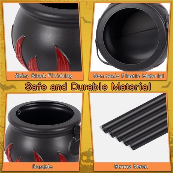 Halloween Party Decor, Set of 3 Black Plastic Witches Cauldron on Rack - Picture 4 of 7